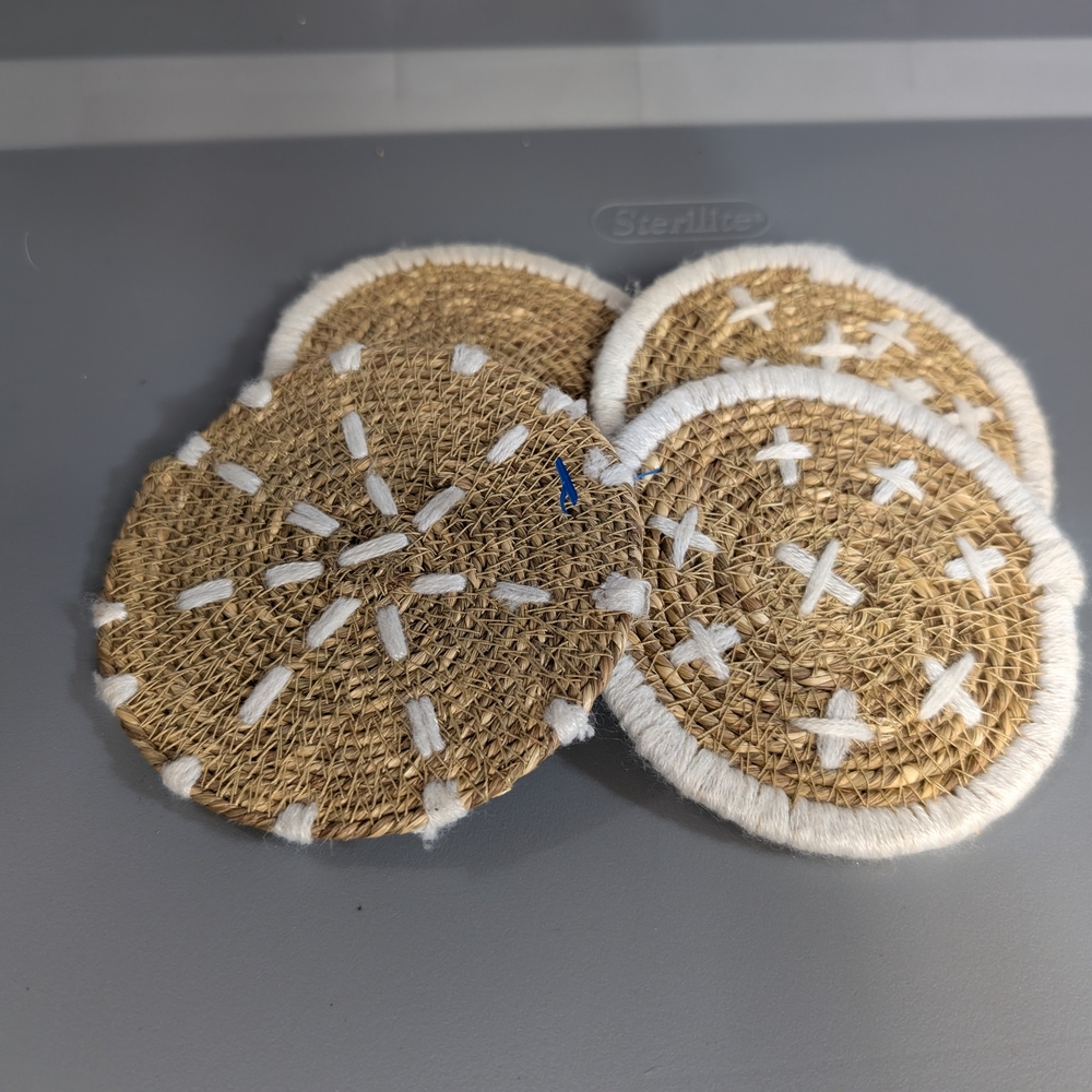 Handcrafted Bloomingville Seagrass Jute‎ Coasters with White Stitching